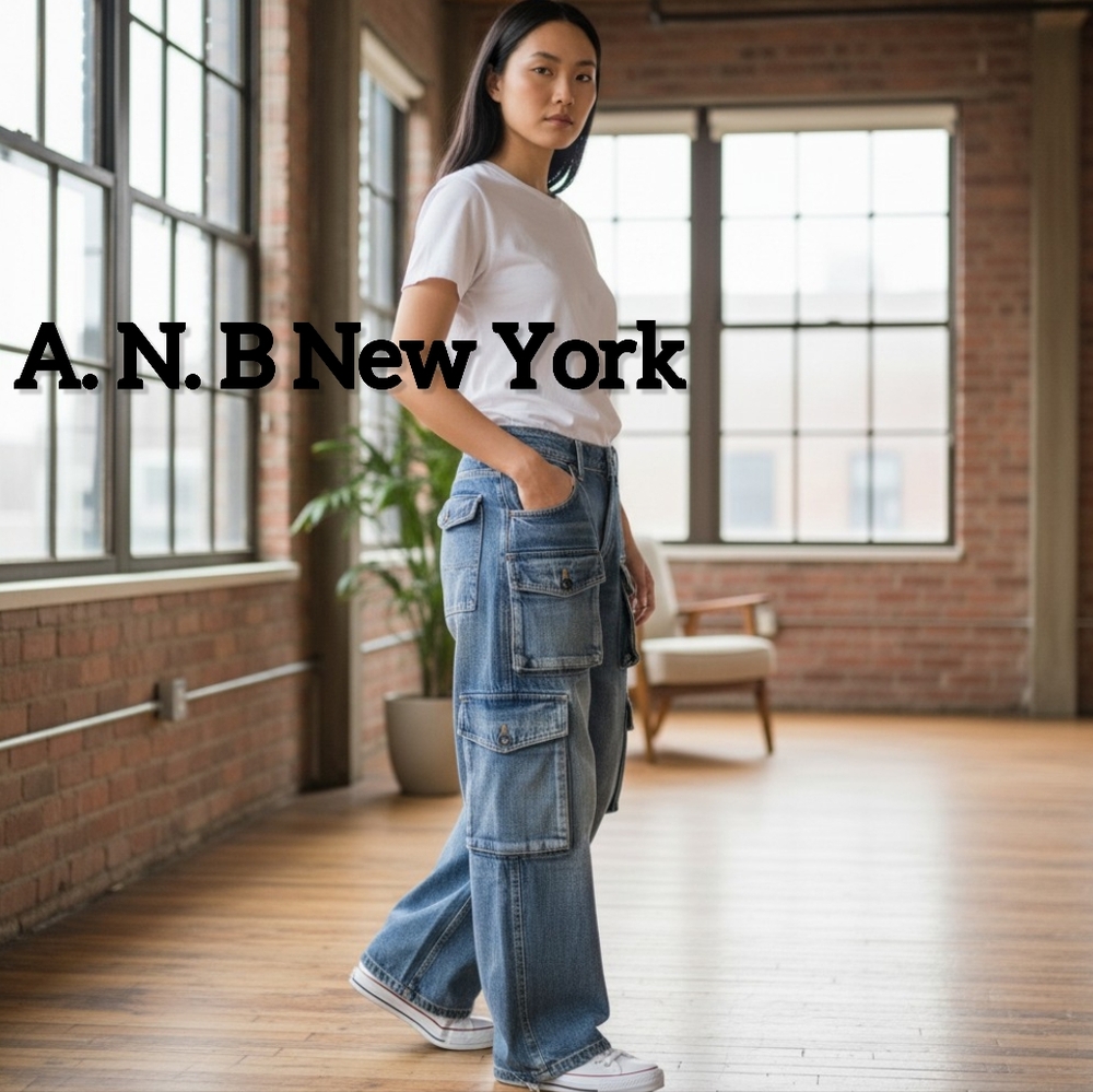 A.N.B New York Japanese Extra Wide-Leg baggy Denim Cargo Pants LG 3…
